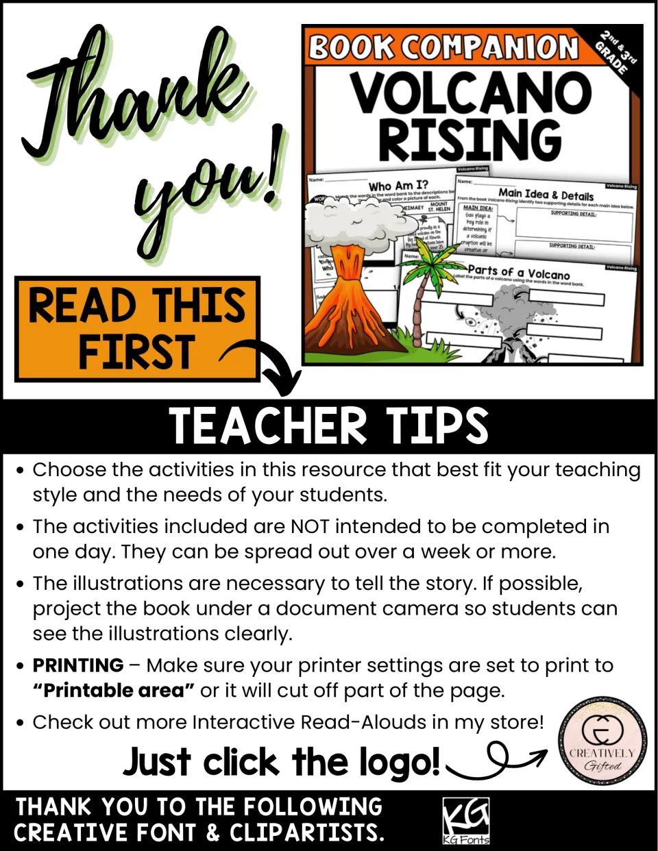 Teacher tips for the book companion explain activity pacing, showing illustrations, and printer settings.