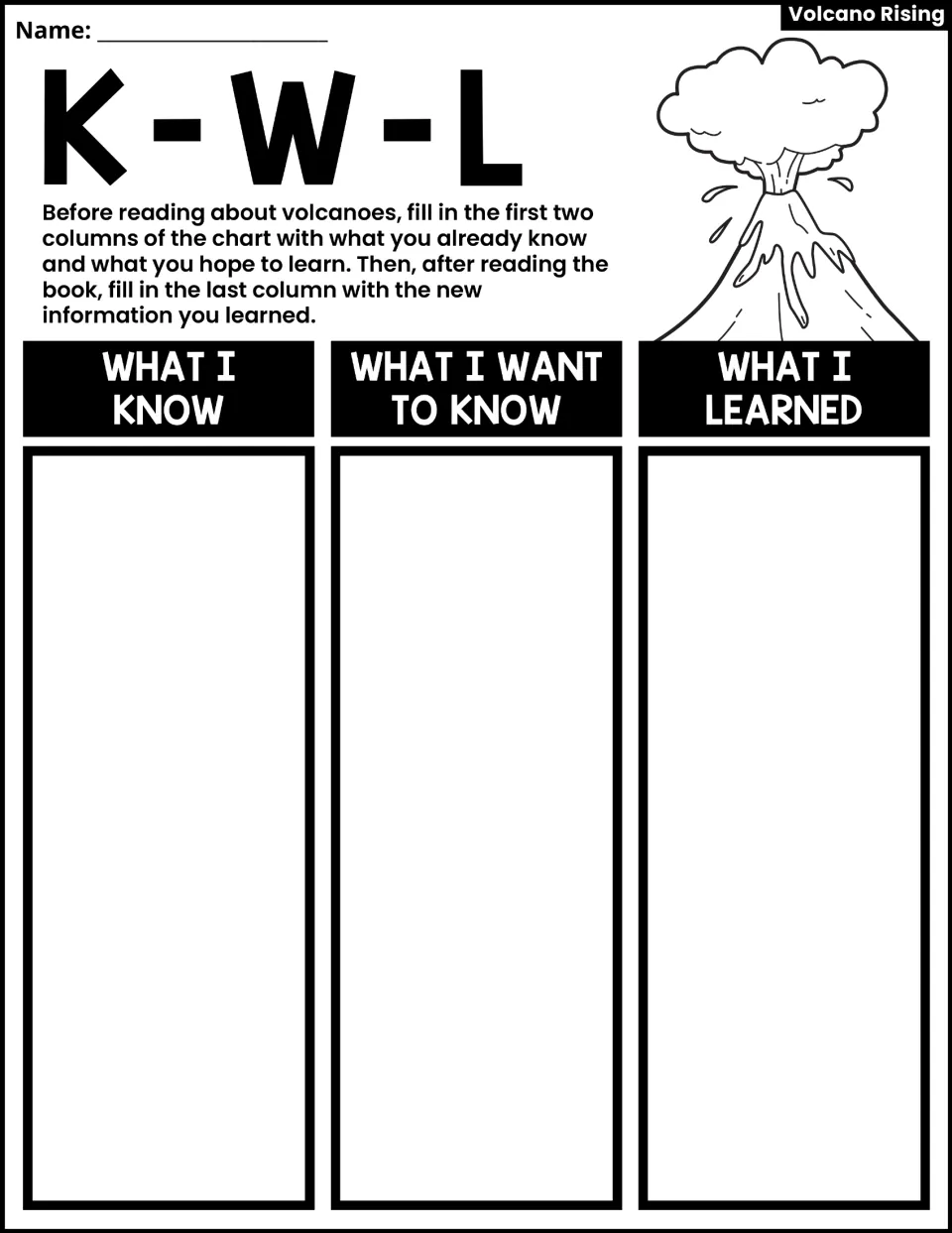 Volcano KWL activity asks students to record what they know, want to know, and learned after reading.