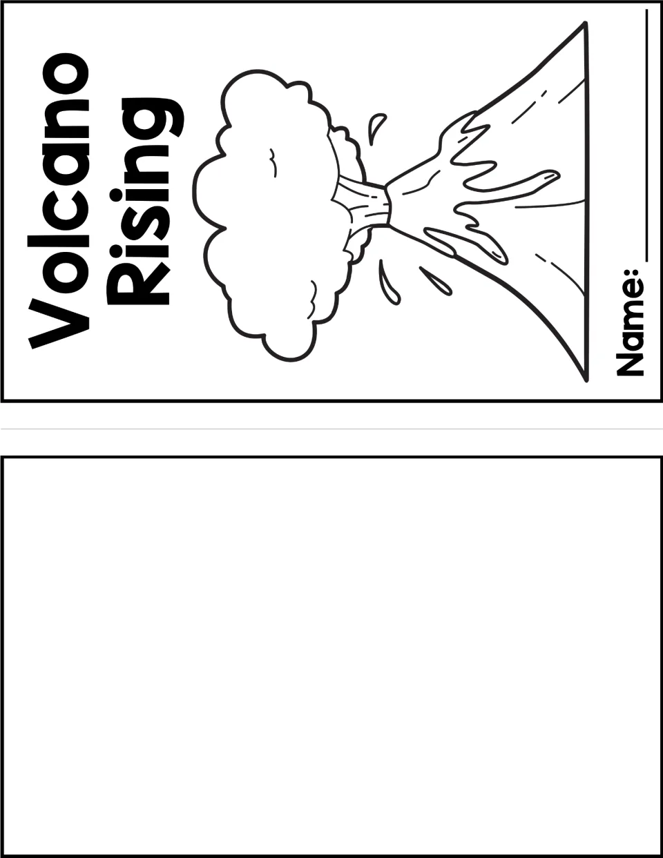 Student notes booklet cover features an erupting volcano and a name space, paired with a blank half page.