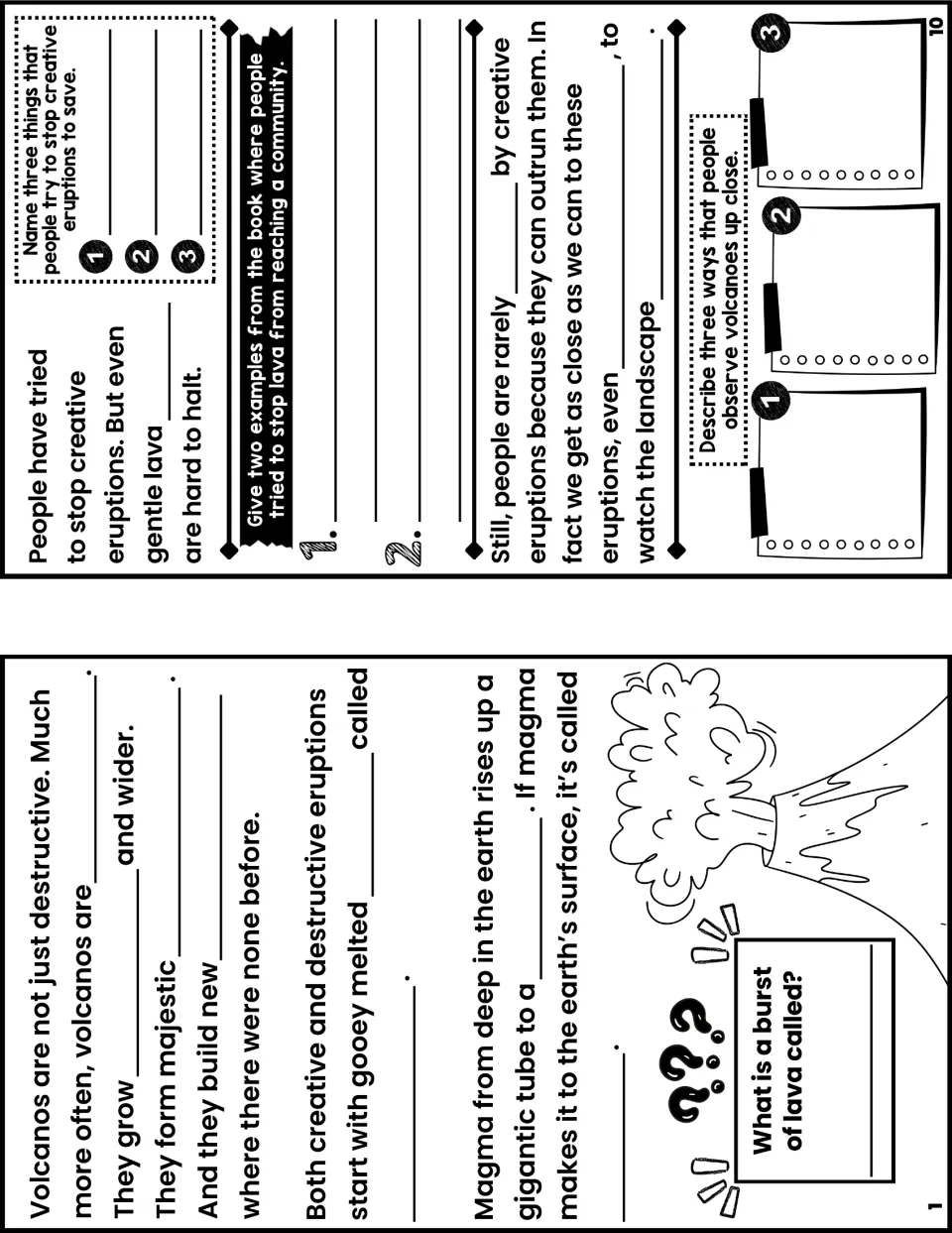 Notes booklet pages 10 and 1 pair questions about stopping lava with fill-in notes on magma and eruptions.