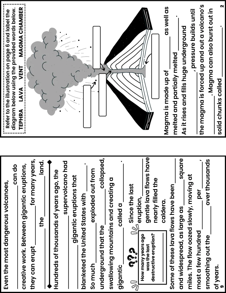 Notes booklet pages 2 and 9 pair volcano diagram labels with fill-in notes on supervolcanoes and calderas.
