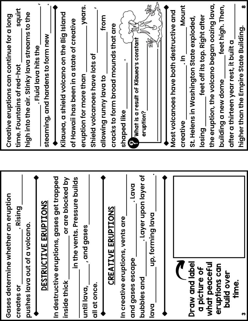 Notes booklet pages 8 and 3 cover Kilauea, Mount St. Helens, and creative versus destructive eruptions.