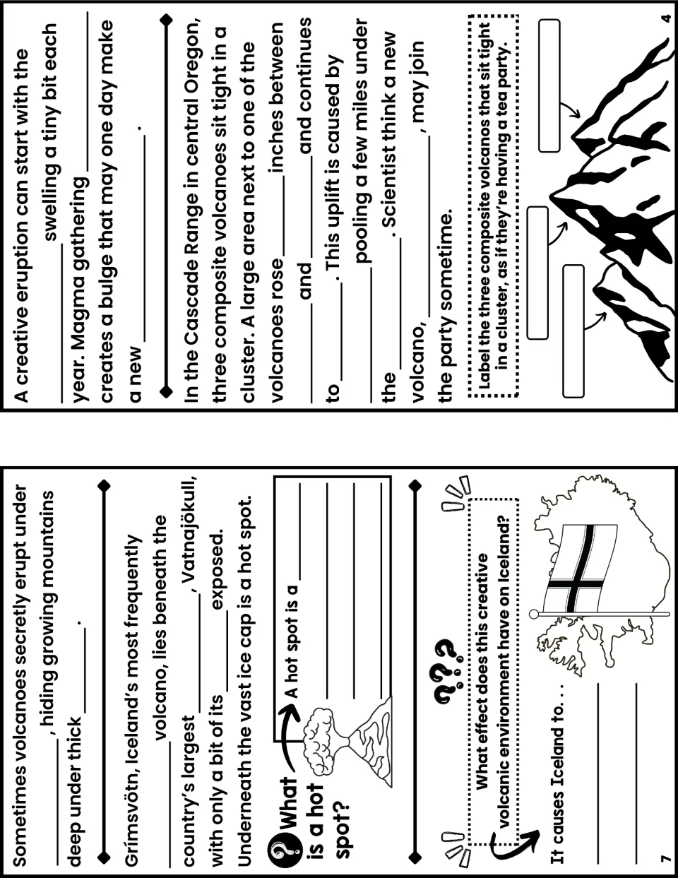 Notes booklet pages 4 and 7 explore Oregon's clustered volcanoes, Iceland's ice-covered volcano, and hot spots.