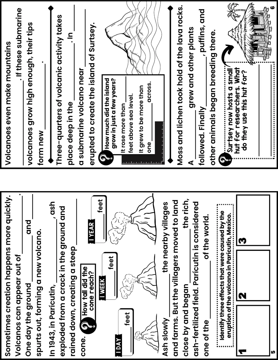 Notes booklet pages 6 and 5 ask about Surtsey's island formation and Parícutin's growth and effects on villages.