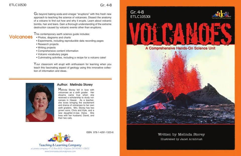 Front and back covers of Volcanoes: A Comprehensive Hands-On Science Unit, with an eruption photo and author biography