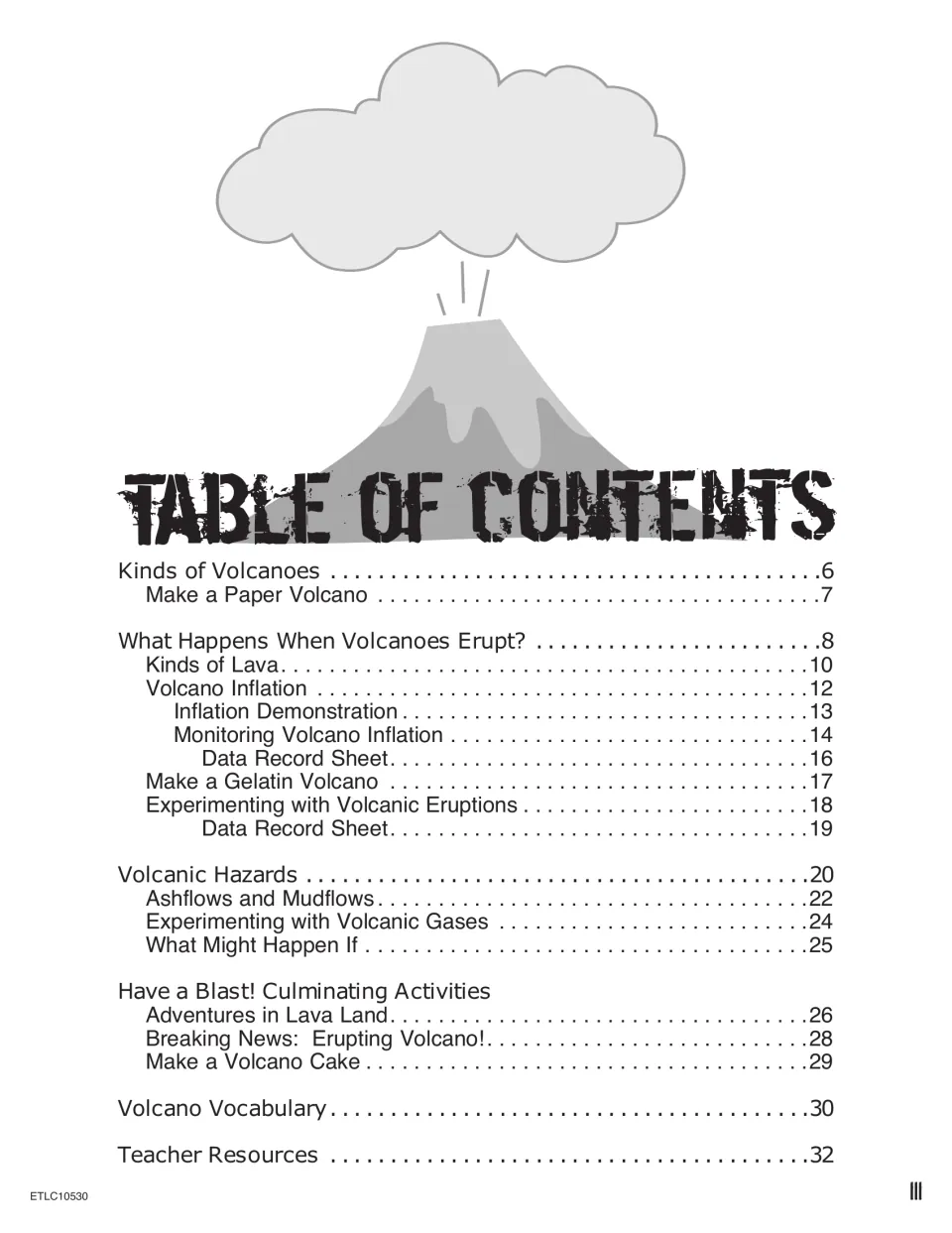 Table of contents for the volcano unit, listing readings, experiments, data sheets, vocabulary, and teacher resources