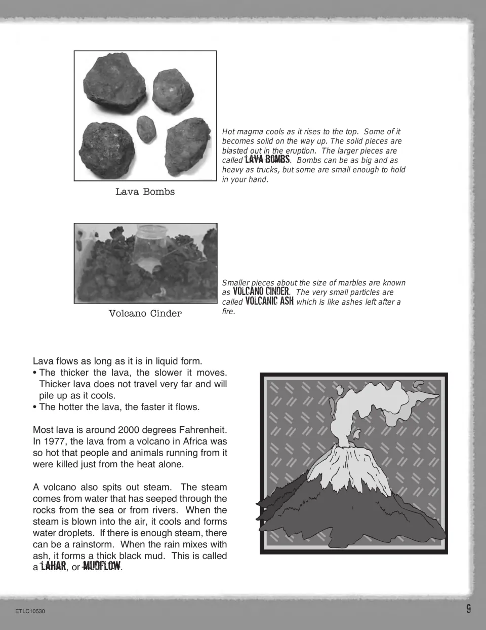 Eruption reading continues with lava bombs, cinder, volcanic ash, lava flow behavior, steam, and lahars or mudflows