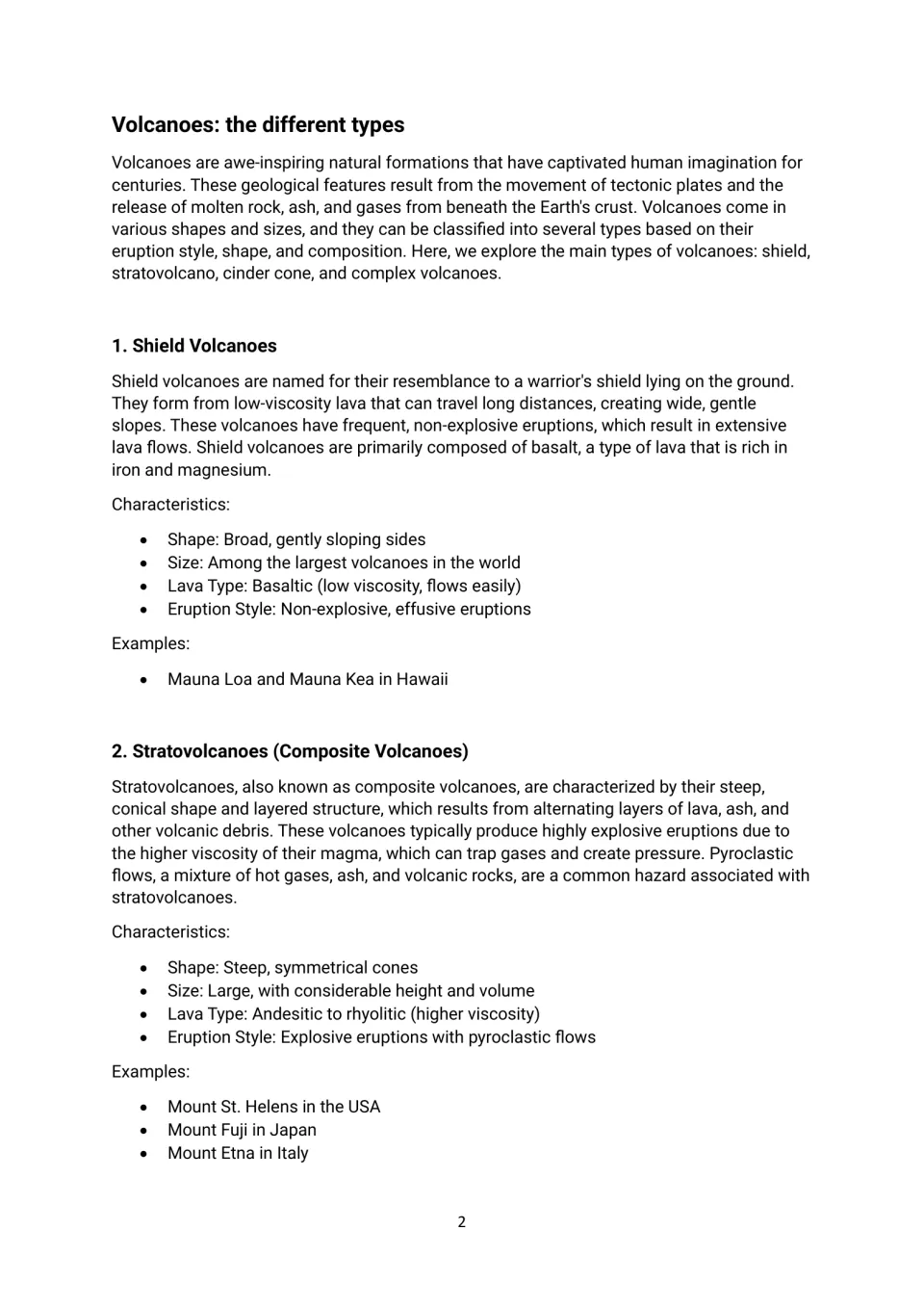 Volcano types reading: shield and composite volcanoes, their shapes, lava, eruption styles, and examples