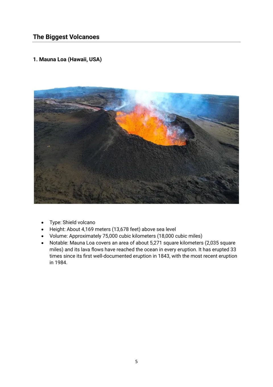 Mauna Loa profile in the biggest volcanoes section, with a photograph and facts about height and volume