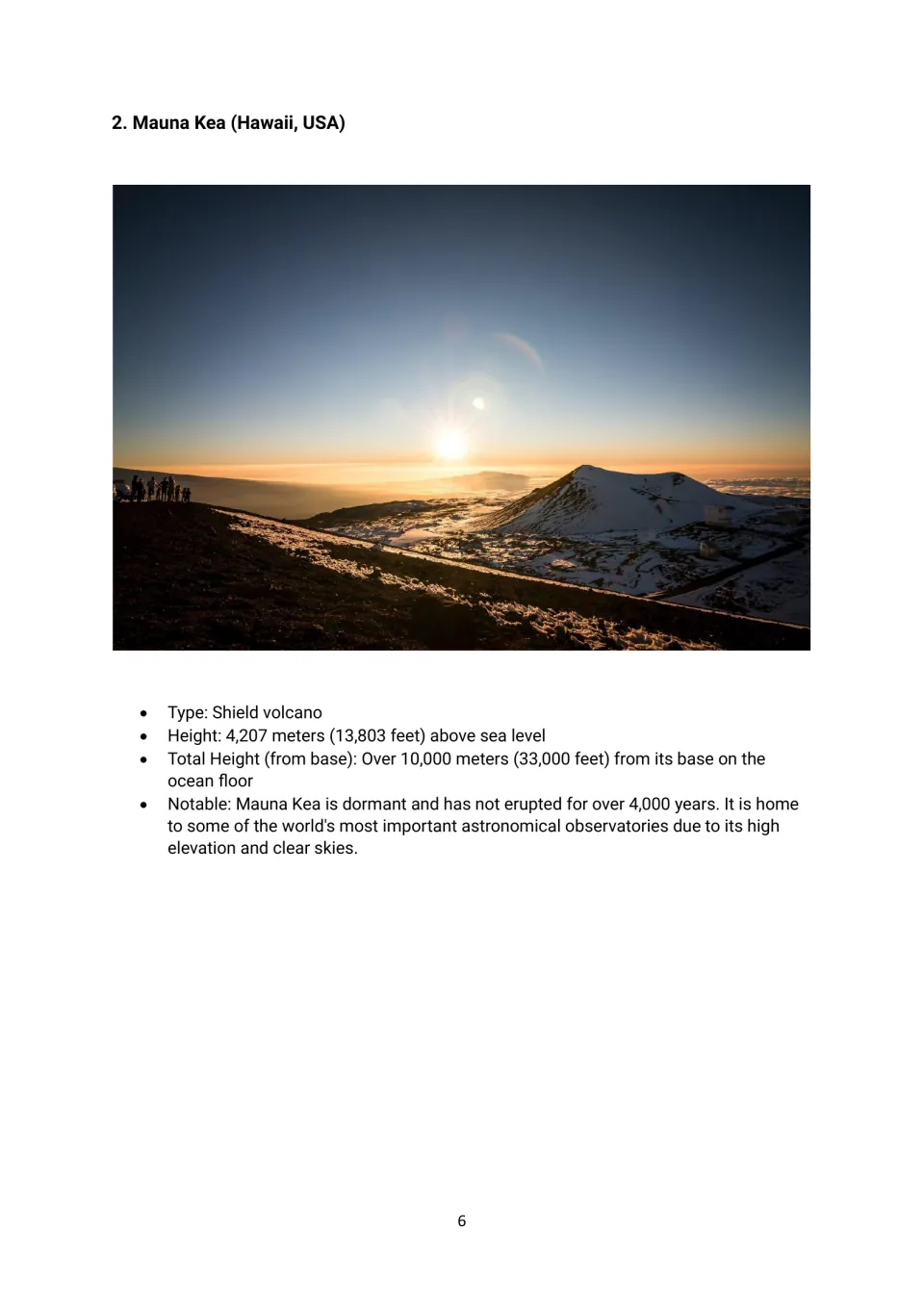 Mauna Kea volcano profile with a summit photograph, height measurements, and facts about observatories