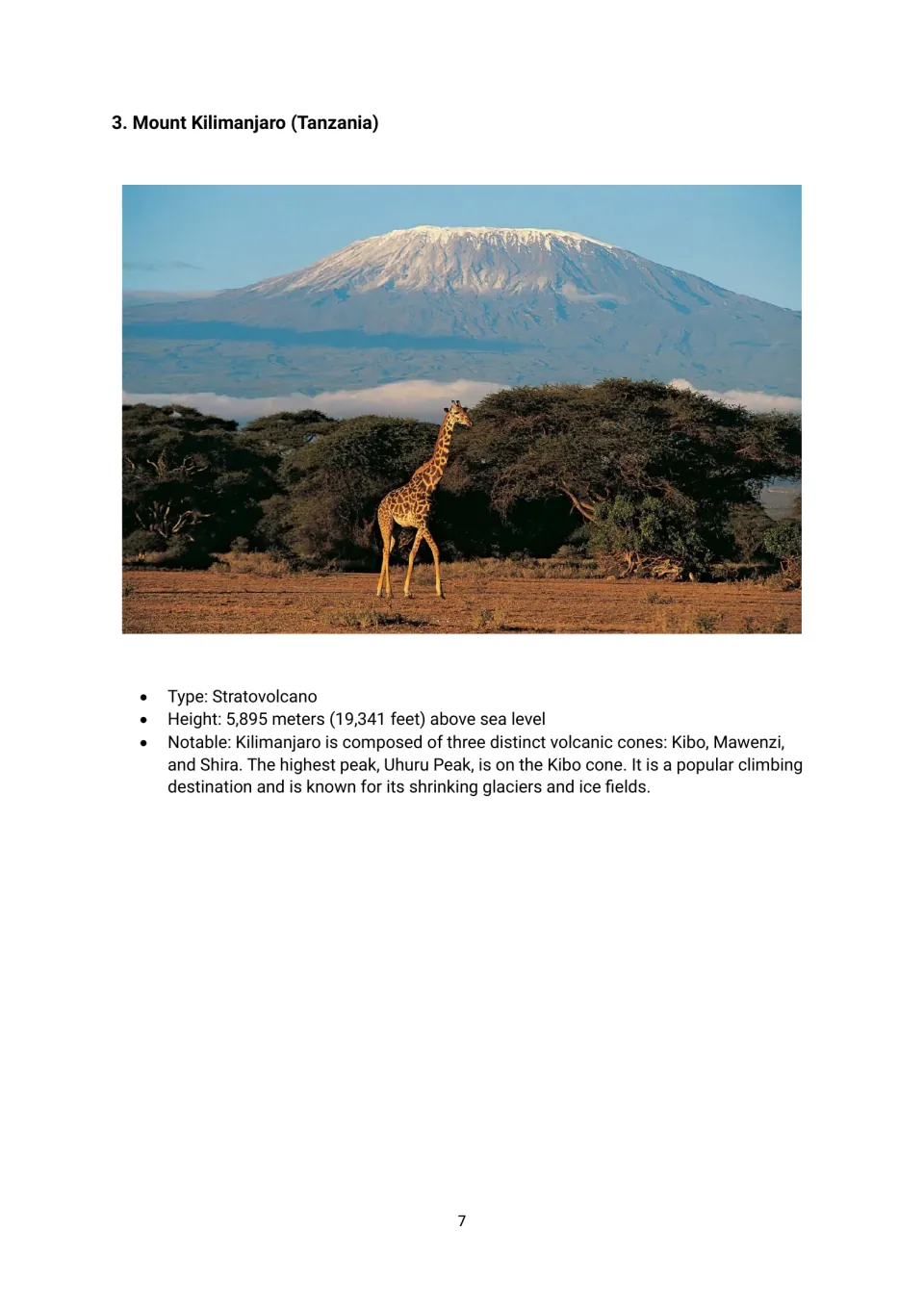 Mount Kilimanjaro volcano profile with a photograph, height, and facts about its three volcanic cones