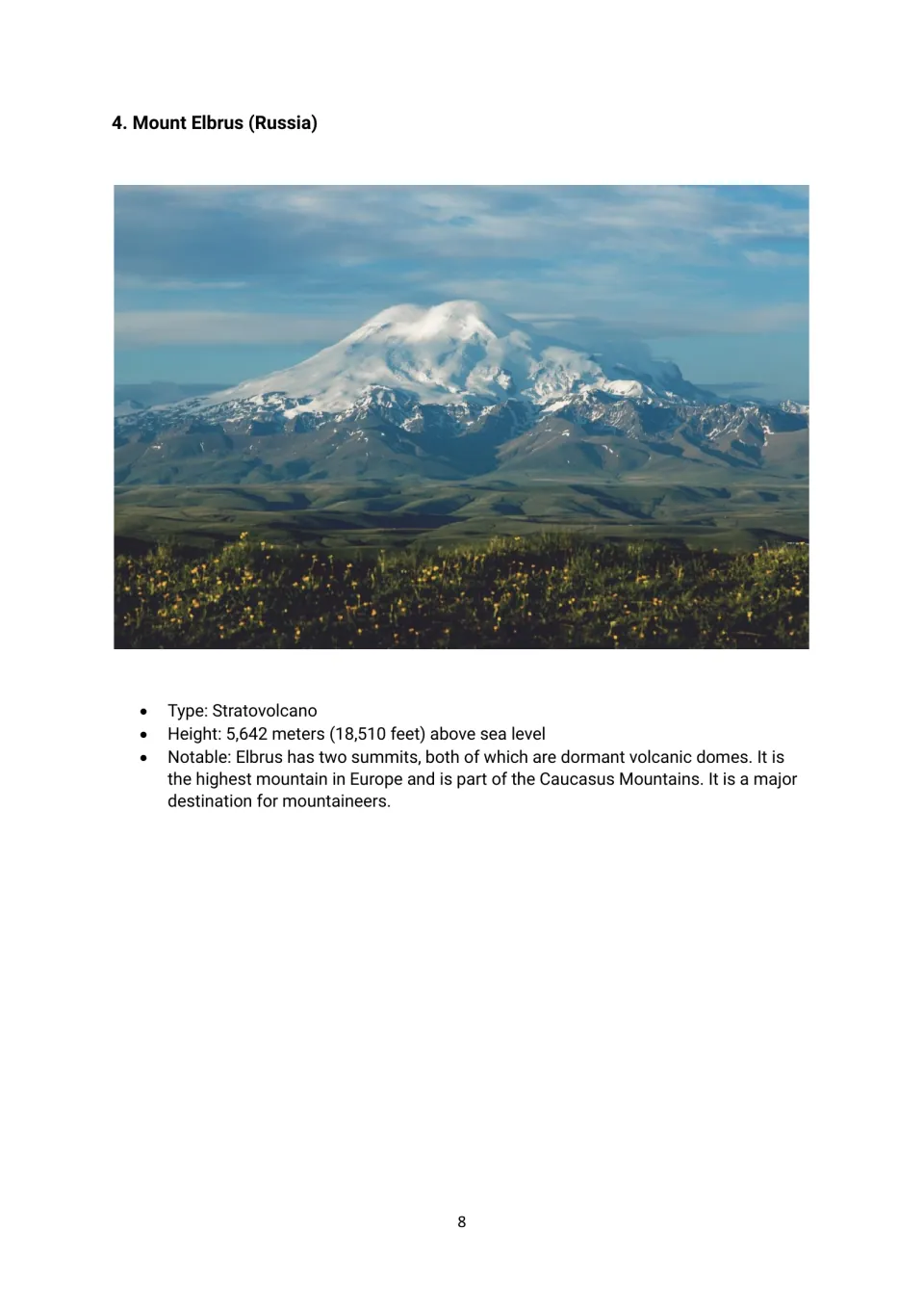 Mount Elbrus volcano profile with a photograph, height, and facts about its two summits in the Caucasus