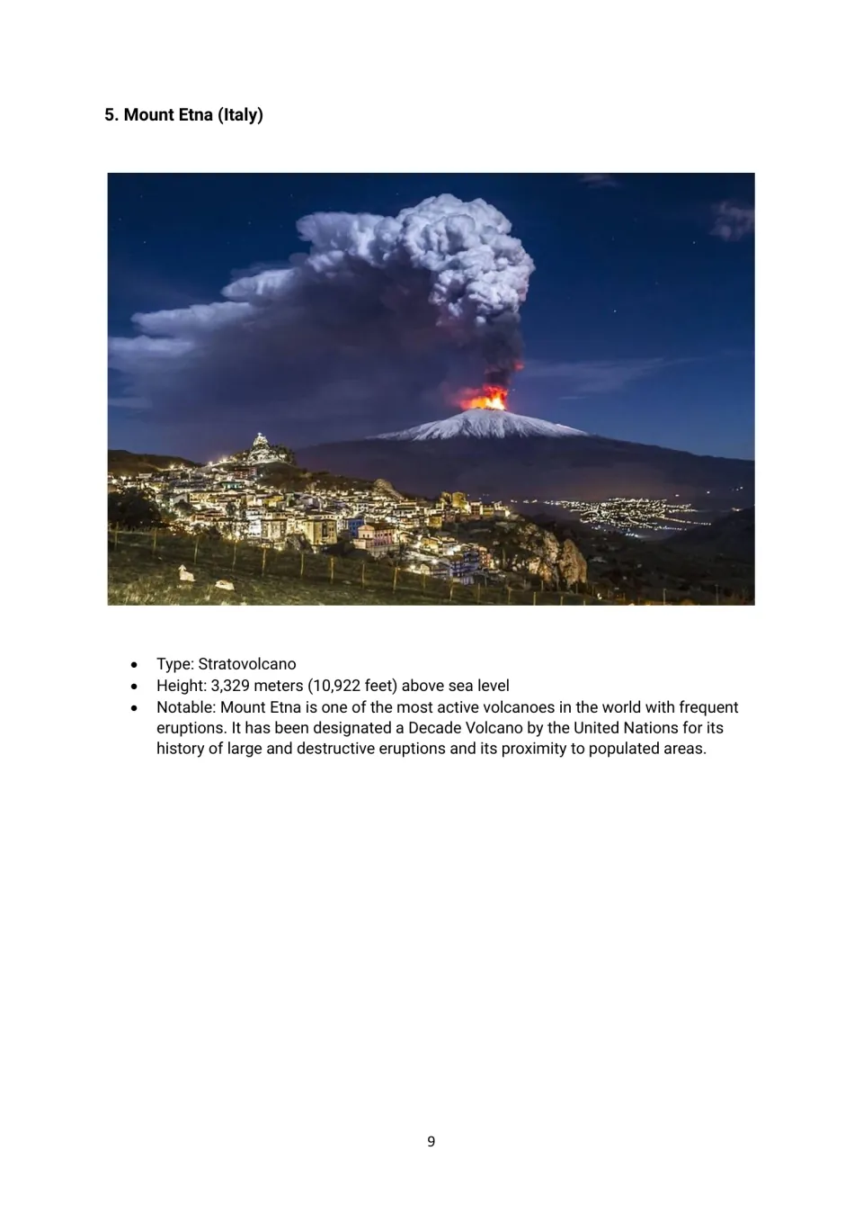Mount Etna volcano profile with an eruption photograph, height, and facts about its frequent eruptions