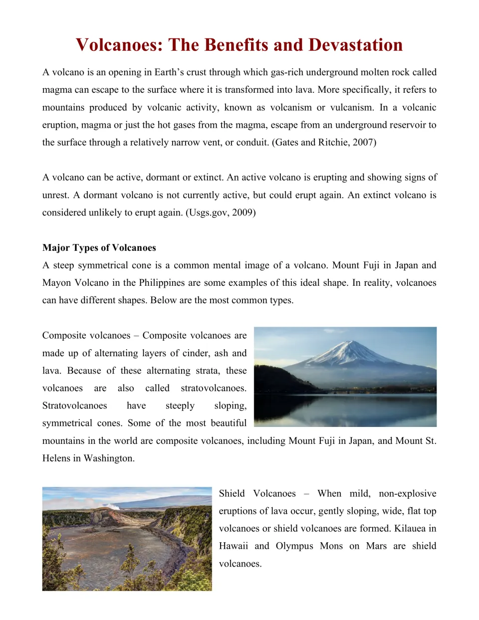Volcano article: defines magma and lava, active, dormant and extinct volcanoes, and composite and shield types