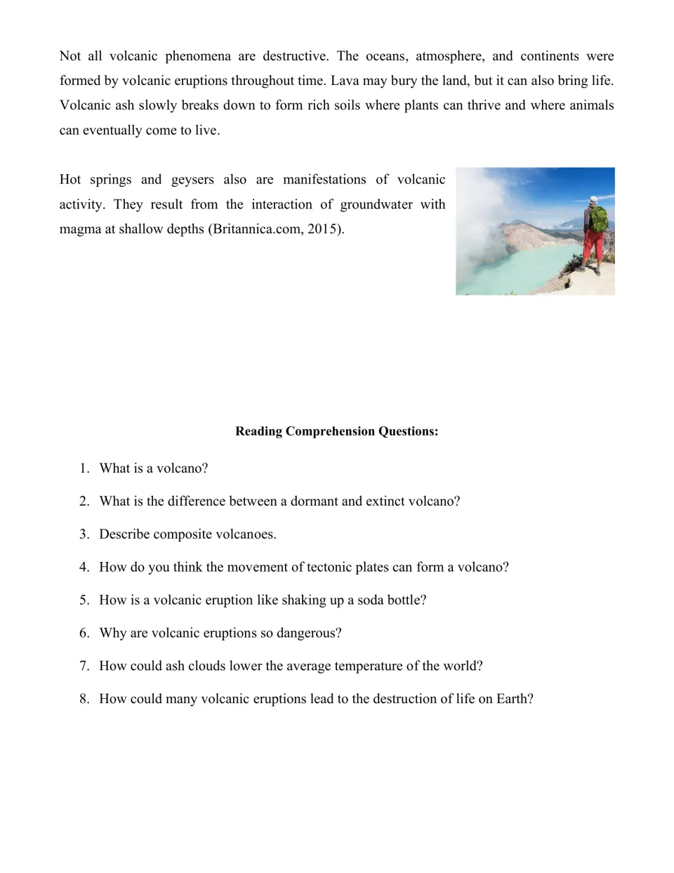 Volcanic benefits like rich soils and hot springs, then 8 comprehension questions on volcano types and hazards