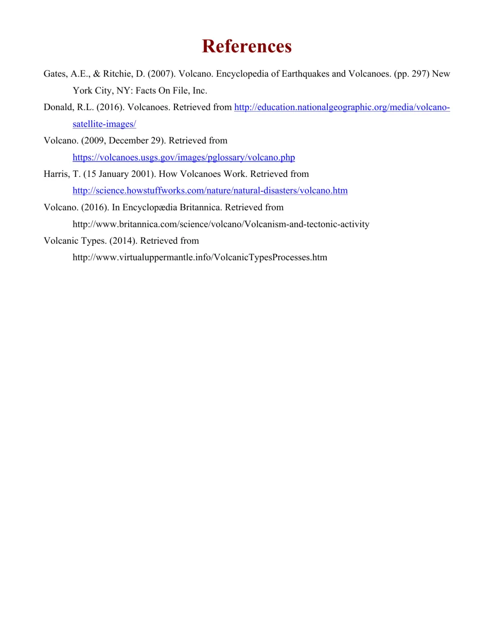 References: six sources for the volcano article, including USGS, Britannica, National Geographic and HowStuffWorks