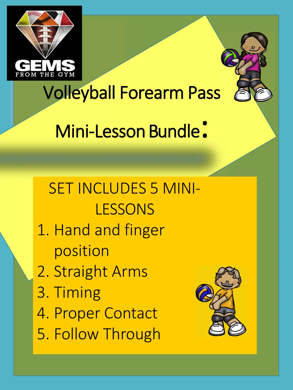 Color cover listing five forearm pass mini-lessons: hand position, straight arms, timing, contact, and follow-through