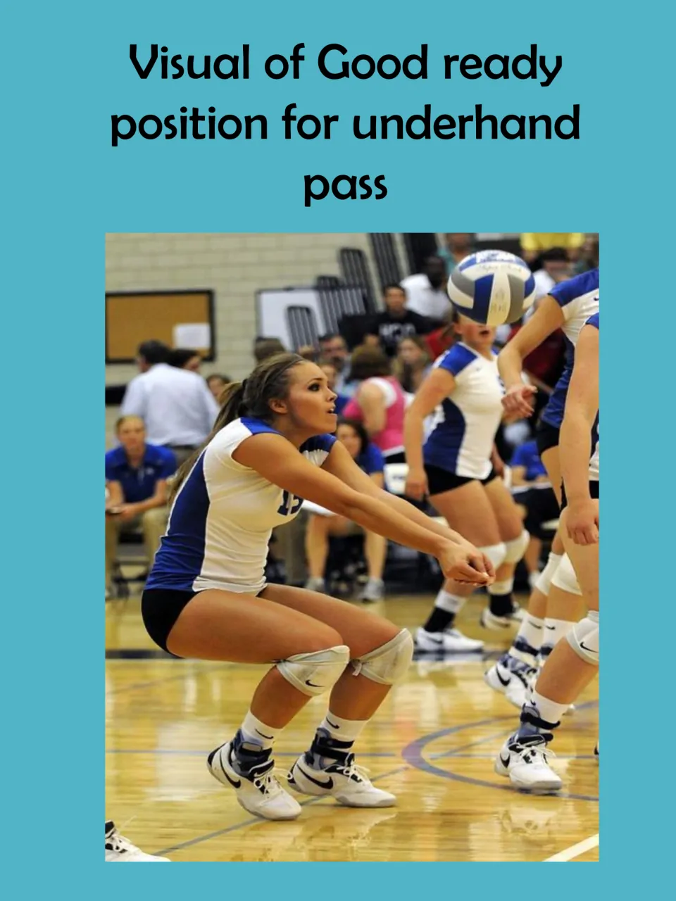 Forearm pass visual aid shows a volleyball player in a ready position with bent knees and hands held together