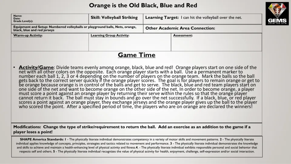 Volleyball lesson plan: orange players serve while black, blue, and red players try to score and swap jerseys
