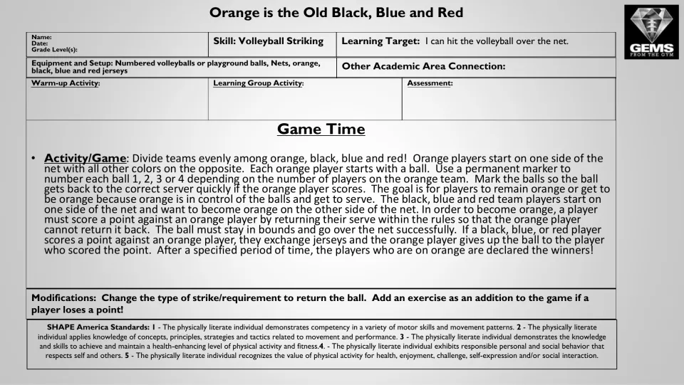 Grayscale volleyball lesson plan repeats the serving, scoring, and jersey-swapping rules plus modifications