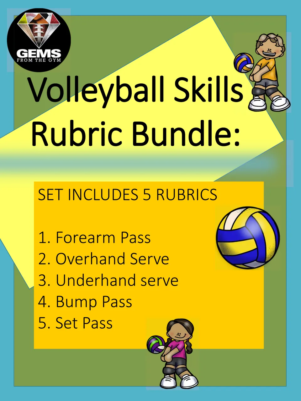 Cover of Volleyball Skills Rubric Bundle listing forearm pass, overhand serve, underhand serve, and two more