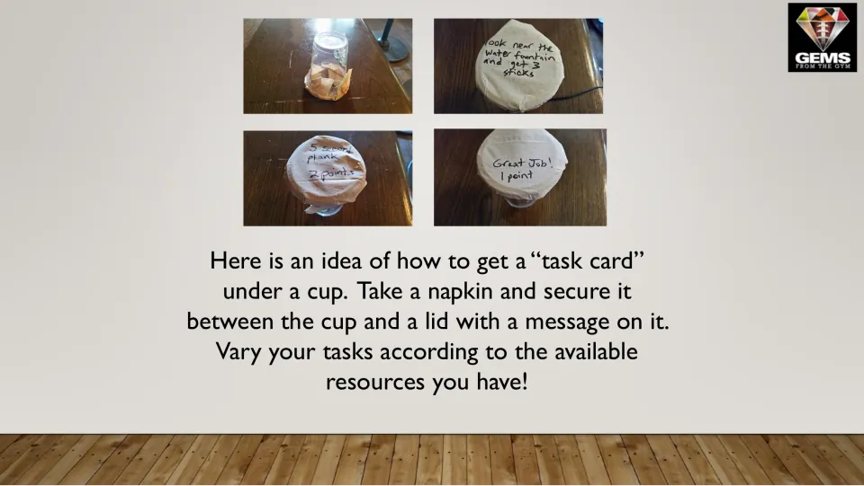 Making task cups: photos of napkin-covered cups with notes like 'Great Job! 1 point' and '5 second plank 2 points'