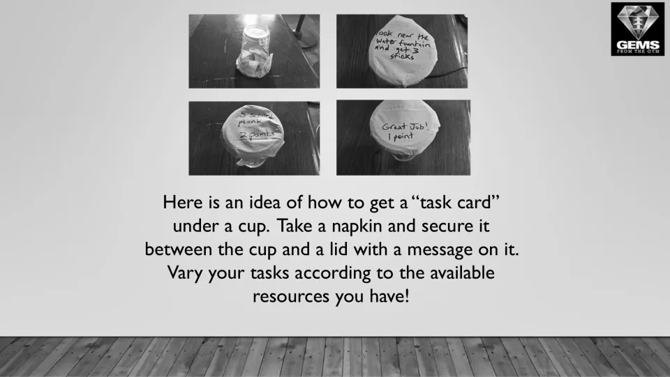 Black-and-white photos of task cups sealed with napkins and lids, with notes like 'look near the water fountain'