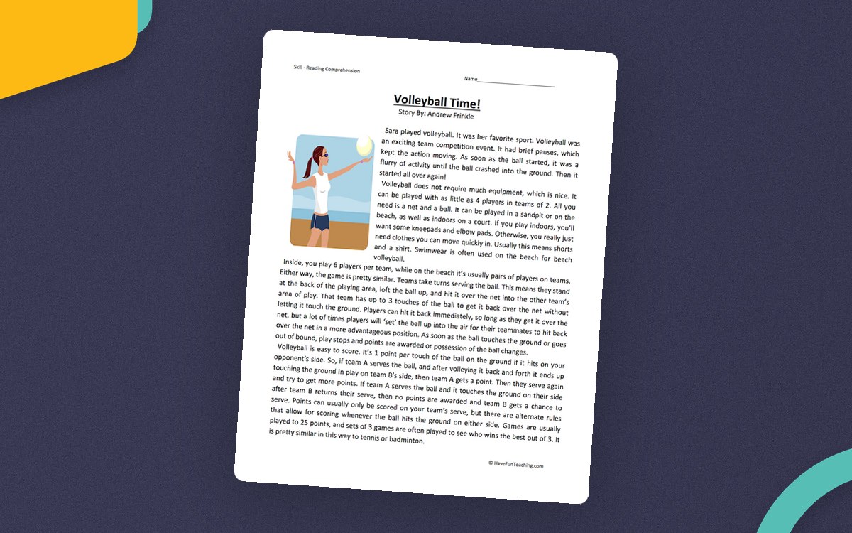 Volleyball Time reading comprehension worksheet with an informational passage and an illustration of a player serving.