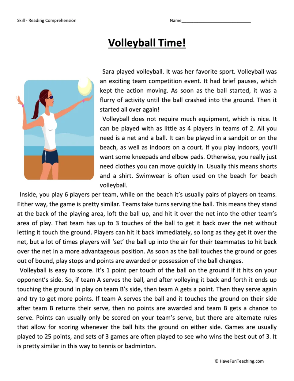 Volleyball passage, part 1: students read about Sara's sport, equipment, indoor vs beach teams and how scoring works