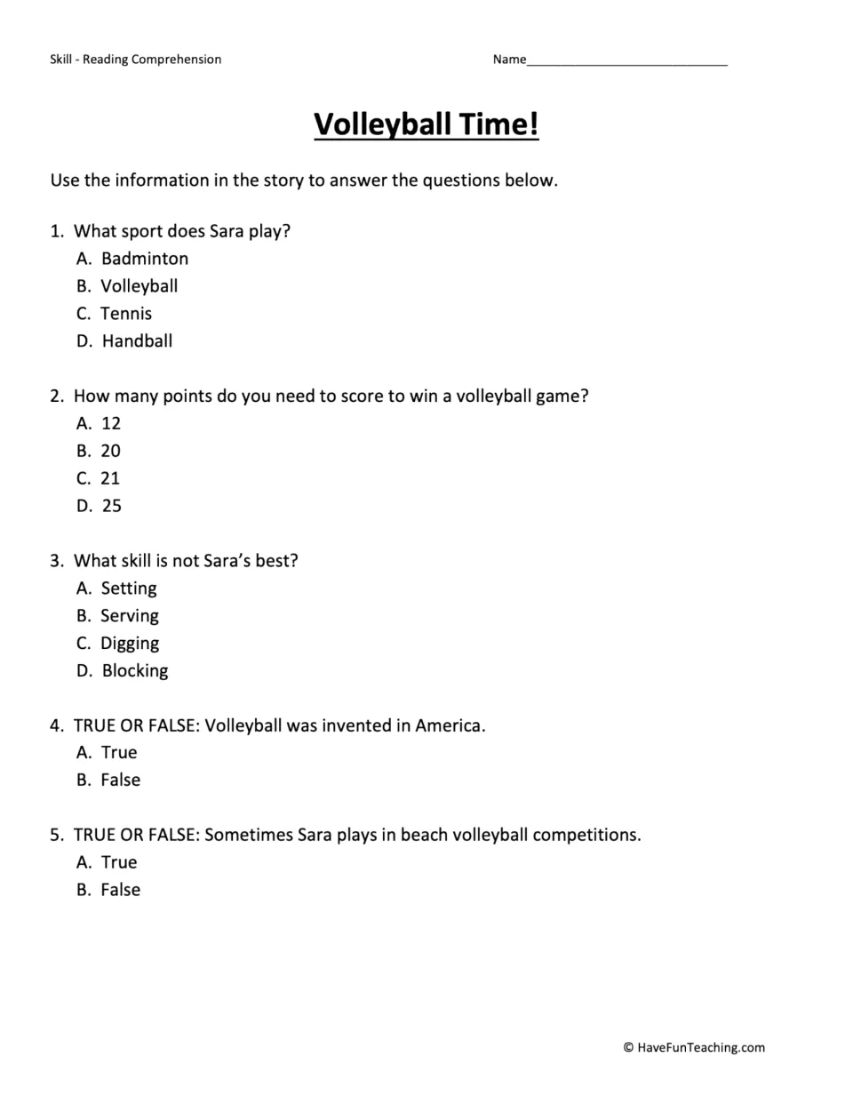 Reading comprehension quiz: five multiple-choice and true/false questions on Sara's sport, scoring and volleyball history