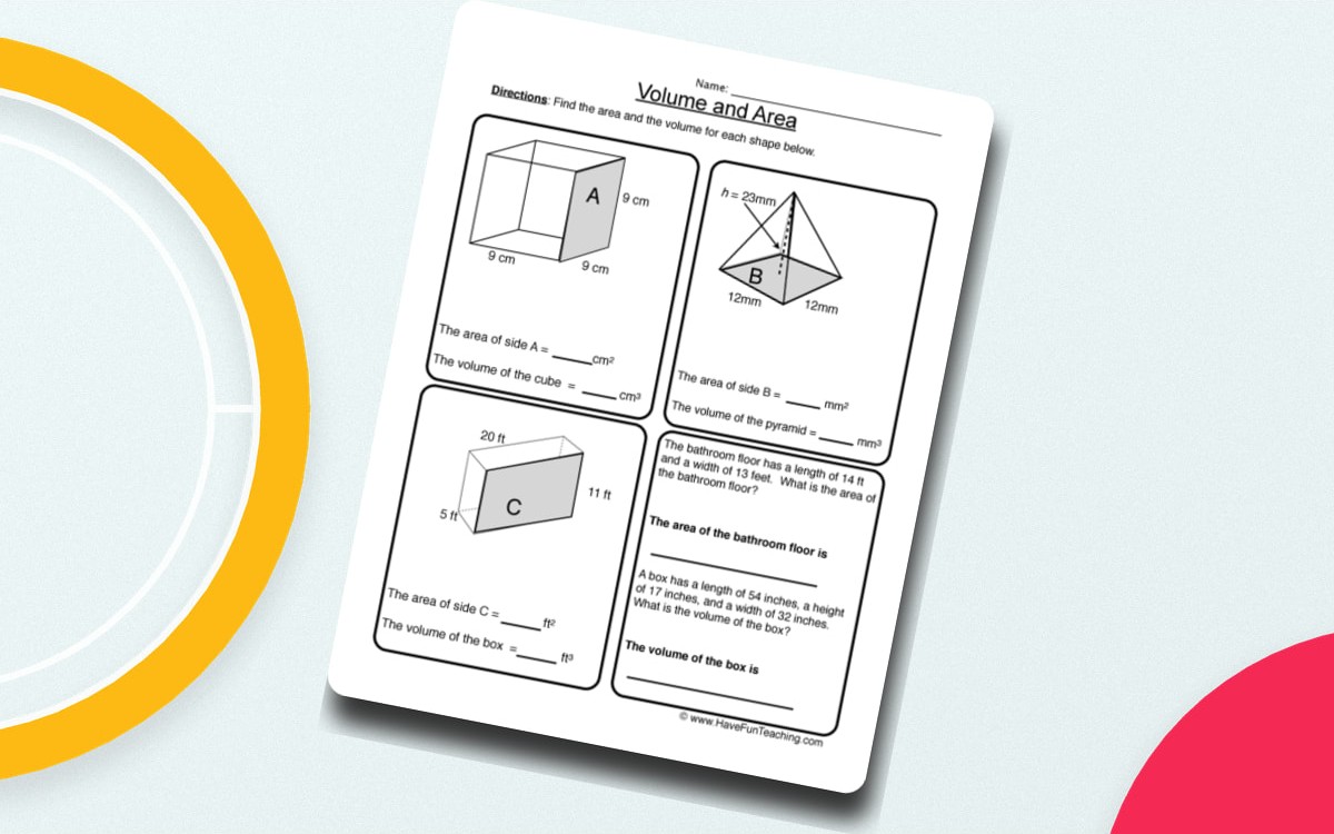 Volume Area Worksheet teaching resource preview