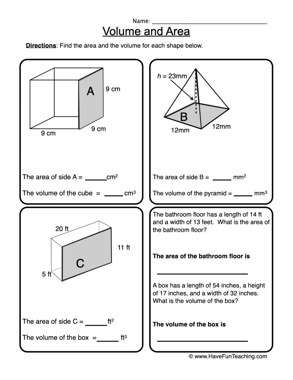 Volume and Area: find the side area and volume of a cube, pyramid and box, plus floor-area and box-volume word problems