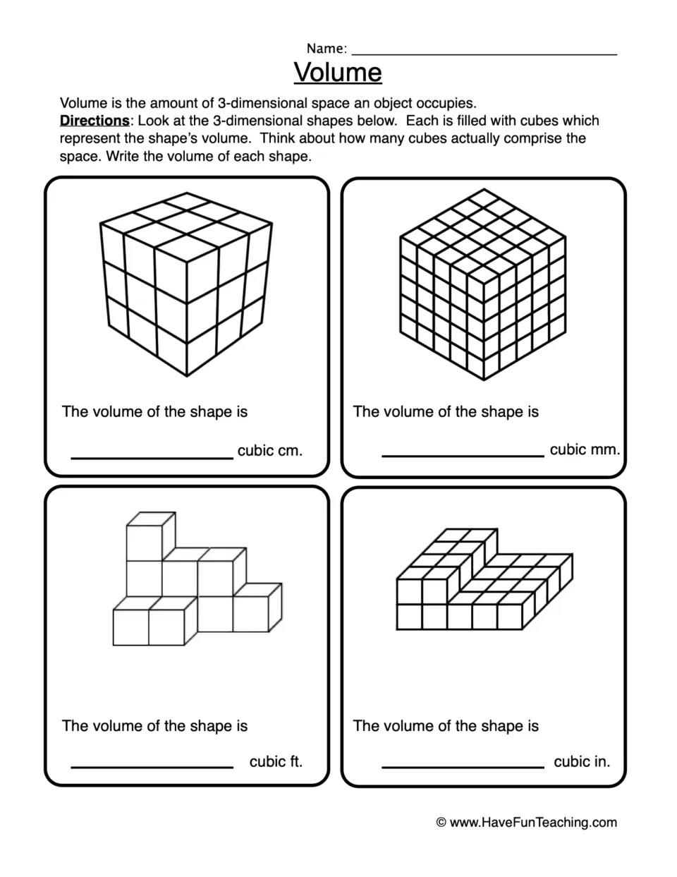 Volume practice worksheet: count cubes in four regular and irregular 3D shapes and write each volume.