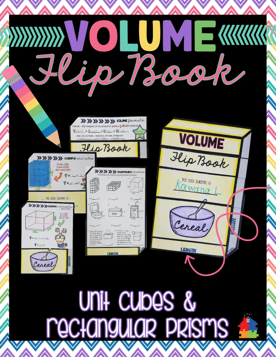 Volume flip book cover: assembled cereal-box flip book with formula, unit cube, prism and independent practice flaps
