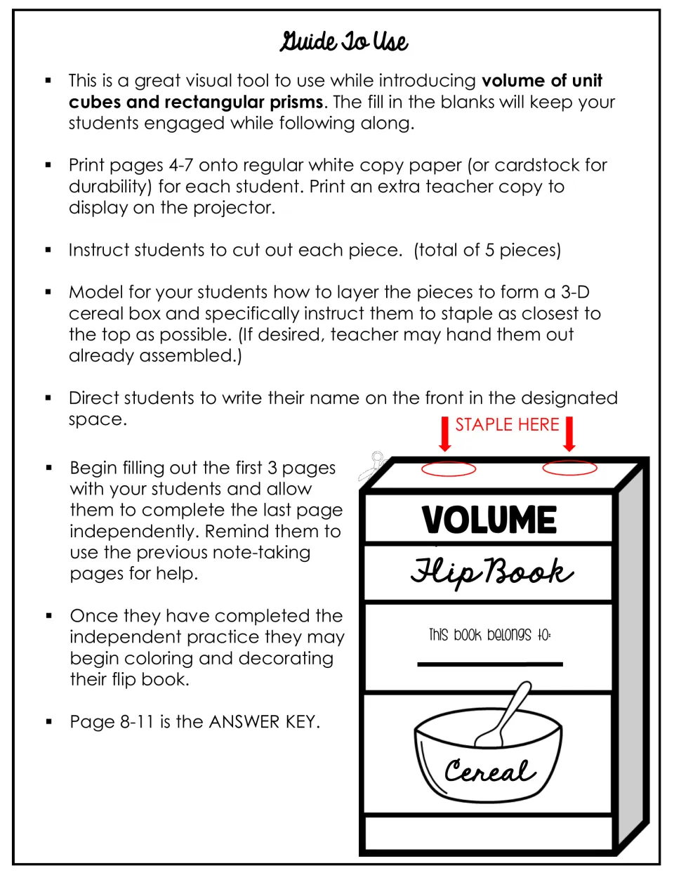 Guide to use: steps to print, cut out 5 pieces, layer and staple them into a 3-D cereal box, then fill in the notes
