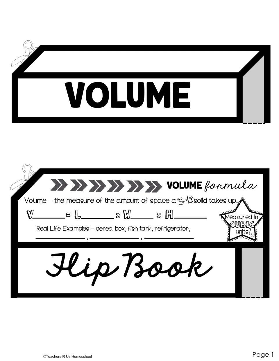 Volume formula cut-out pieces: students fill in V = L x W x H, cubic units and real-life examples on the flap