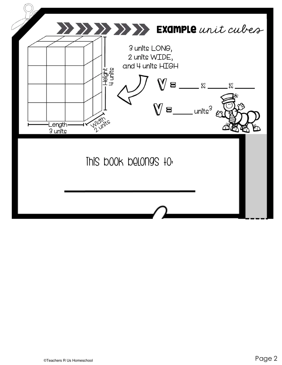Example unit cubes cut-out piece: students count a 3 by 2 by 4 cube model and write its volume in cubic units