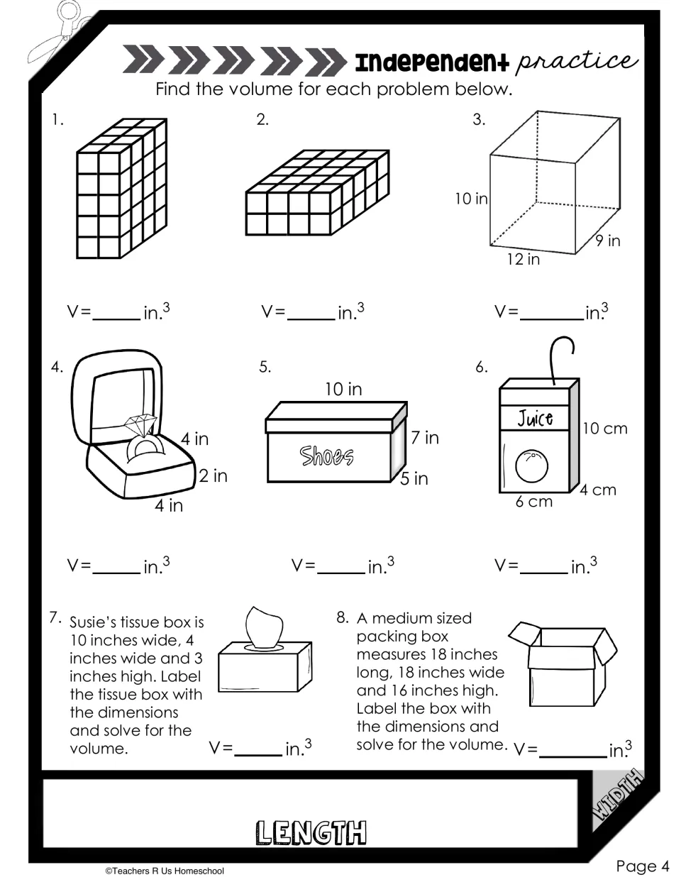 Independent practice: students find the volume of cube models, a ring box, shoe box and juice box, plus 2 word problems