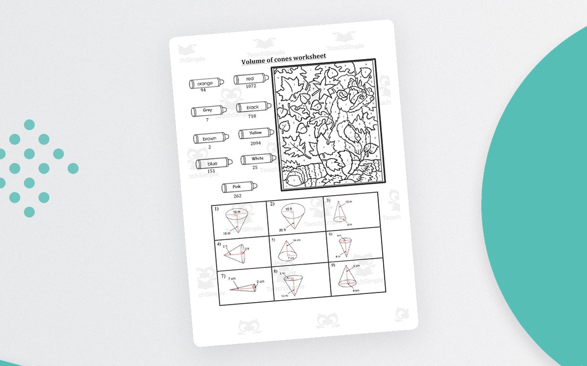 Volume of Cones Color by Number Activity preview: A cone-volume color-by-number worksheet page