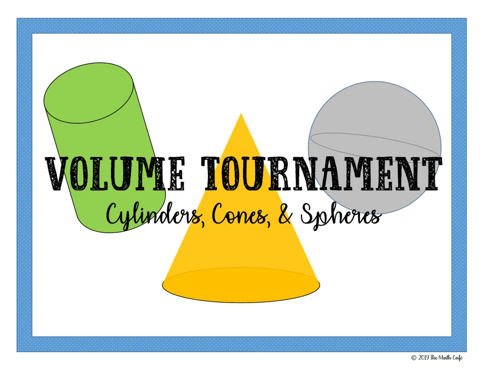 Volume Tournament cover for cylinders, cones and spheres, showing a green cylinder, a yellow cone and a gray sphere