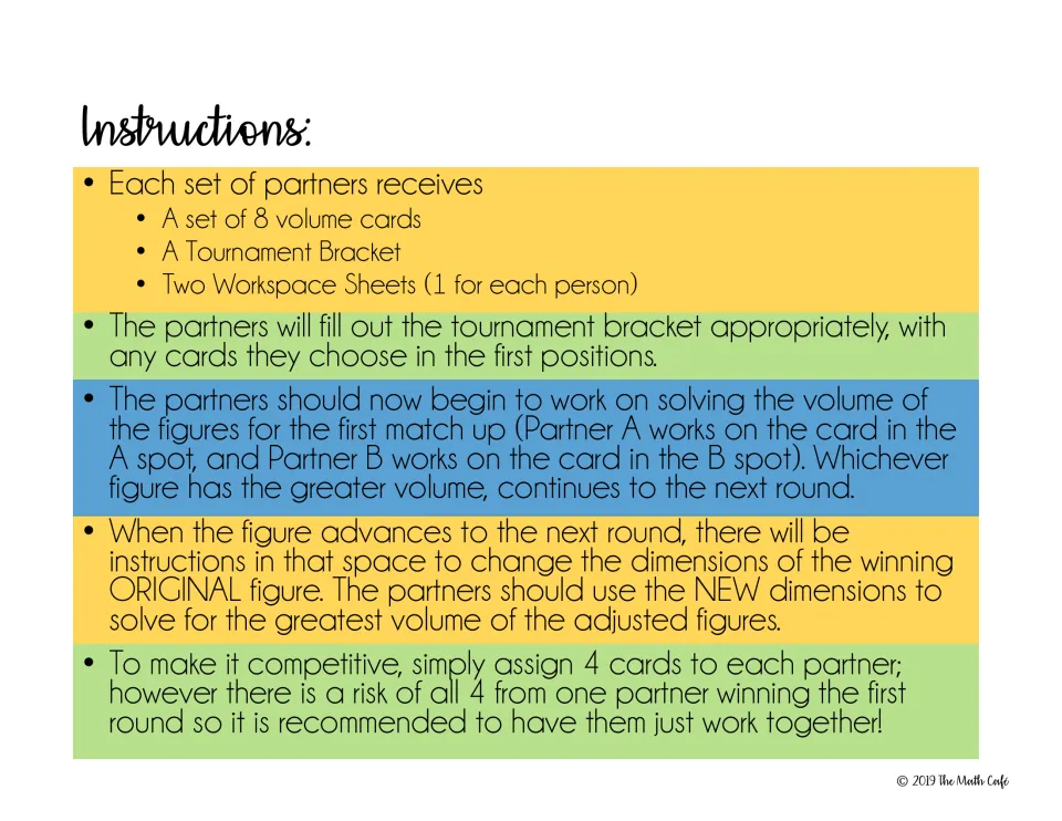 Game instructions: partners get 8 volume cards, a bracket and work sheets, and the figure with greater volume advances