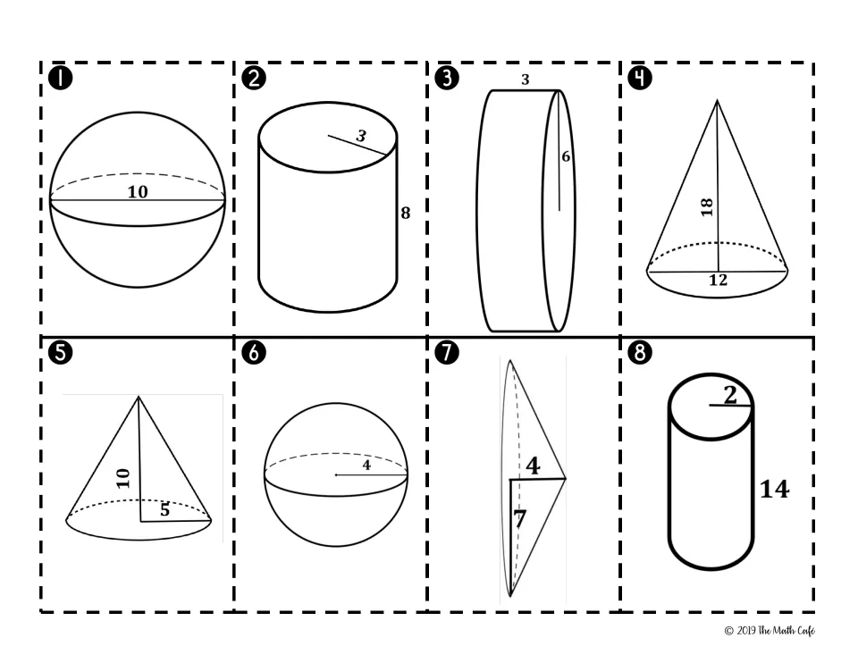 Volume cards 1 to 8: cut-out spheres, cylinders and cones labeled with radius, diameter or height for finding volume