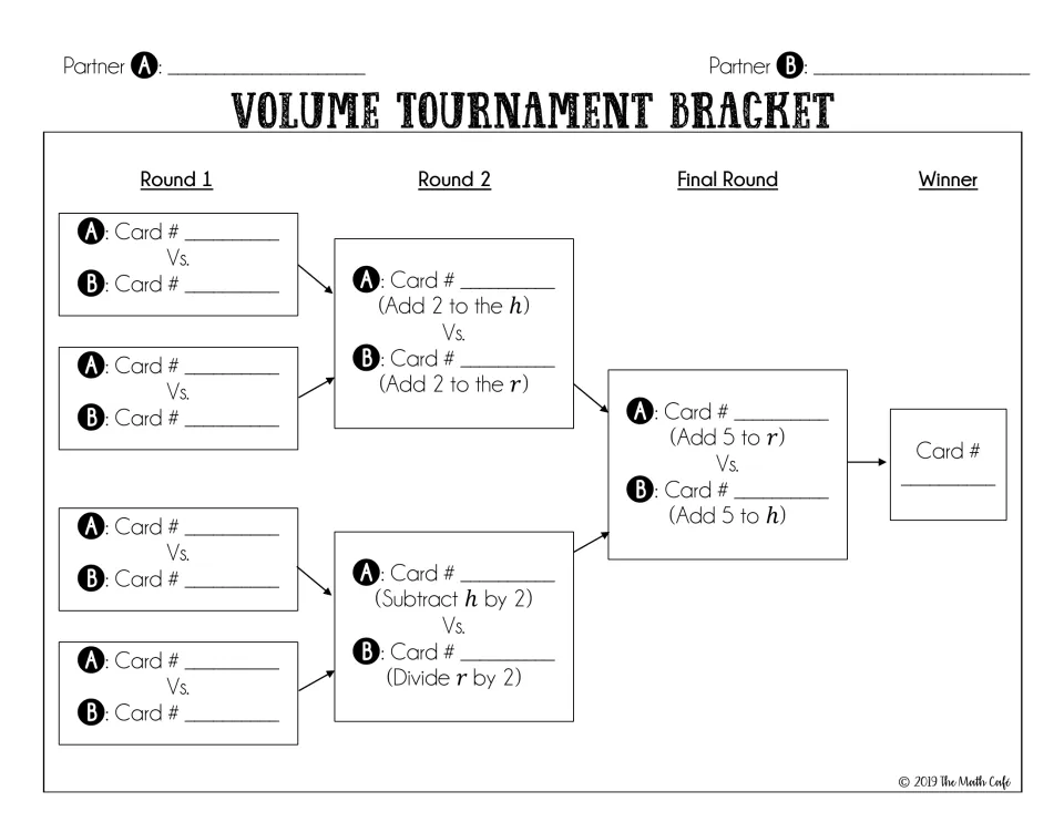 Tournament bracket: partners record card match-ups through Round 2 and the final, changing r or h before each new round
