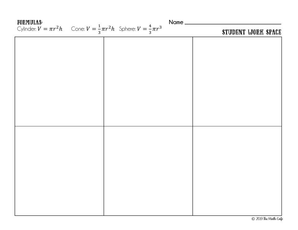 Student work space listing cylinder, cone and sphere volume formulas, with a name line to show each match's work
