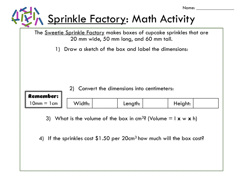 Volume and mm-to-cm conversion: students sketch a 20x50x60 mm sprinkle box, find its volume in cm3 and its price