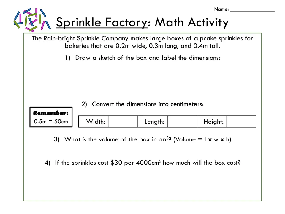 Volume and m-to-cm conversion: students sketch a 0.2 x 0.3 x 0.4 m bakery sprinkle box, find its volume in cm3 and cost