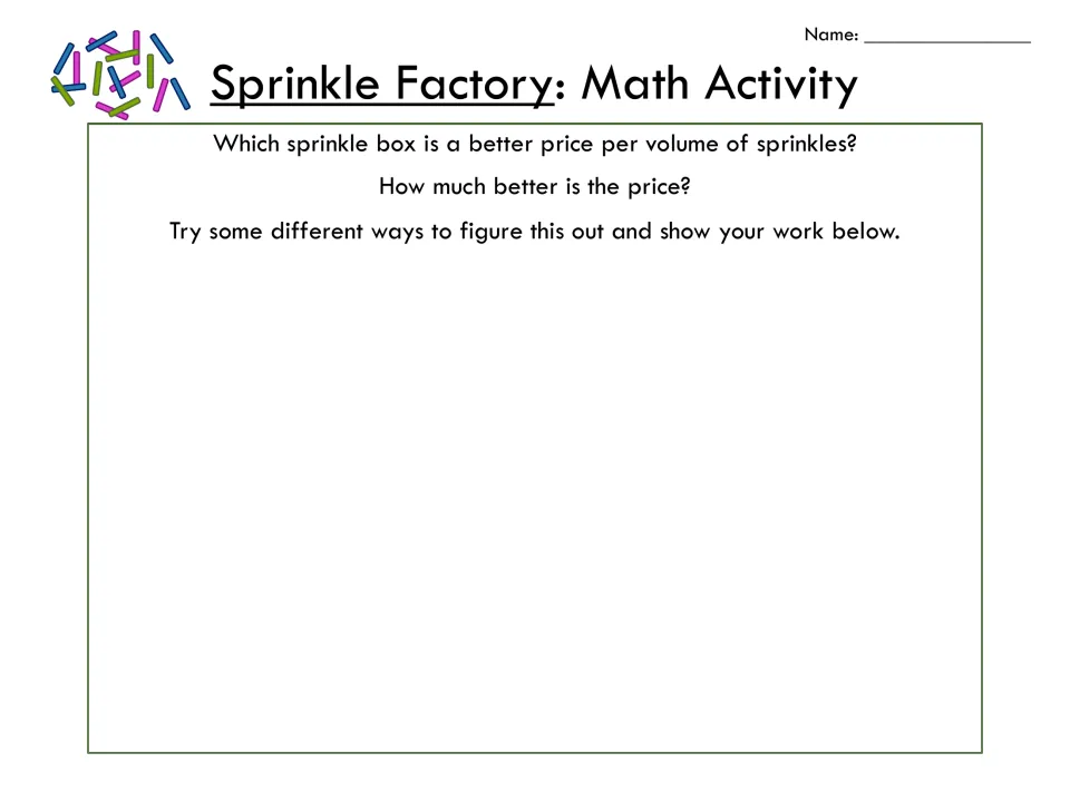 Price comparison with ratios: students decide which sprinkle box is a better price per volume and by how much, showing work
