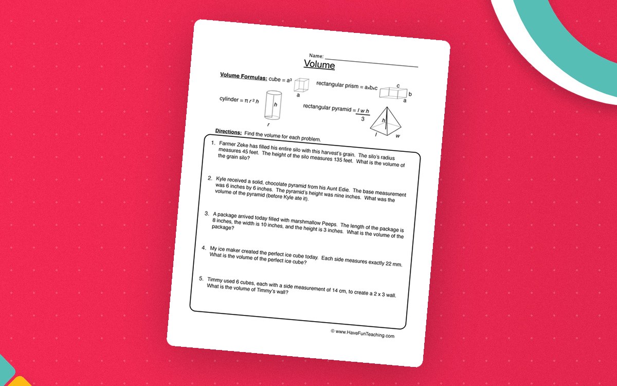 Volume Word Problems Worksheet preview: Four-shape volume formula reference