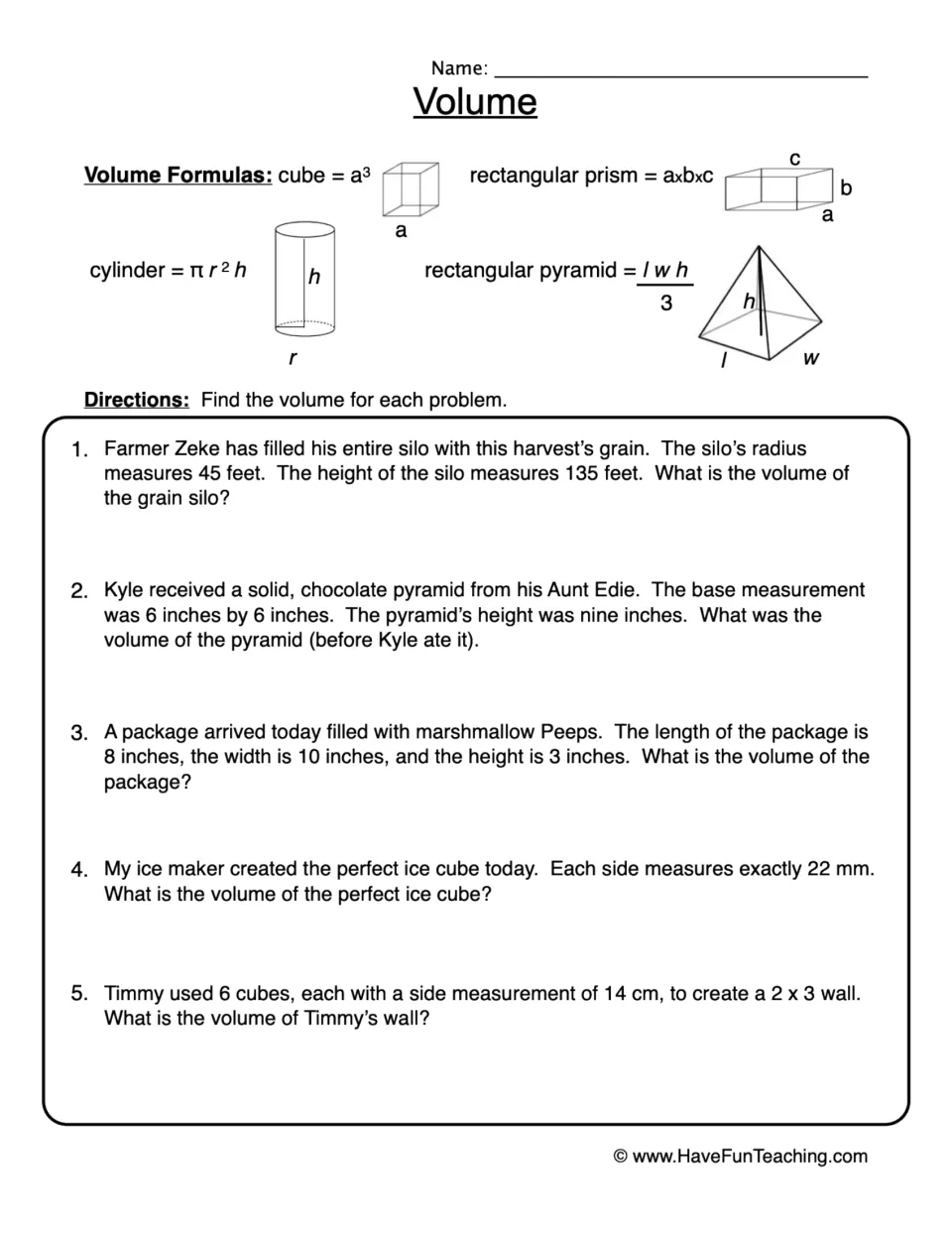 Volume word problems: students use formulas for cubes, prisms, cylinders and pyramids to solve 5 real-world problems