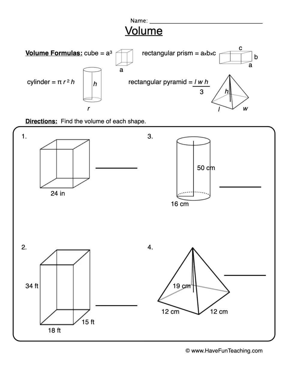 Volume practice page: formulas and four problems for a cube, rectangular prism, cylinder, and rectangular pyramid